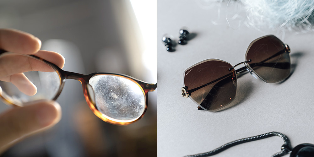 zwei Bilder von Brillen und Sonnenbrillen mit zerkratzten Gläsern